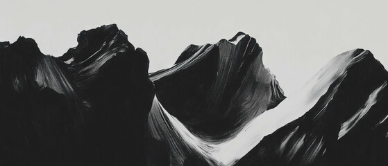 Bold contrasts highlight the texture of black ink resembling abstract mountain formations