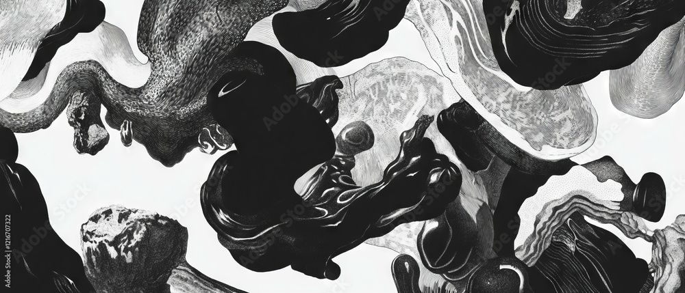 Poster Intricate black ink linework forms detailed patterns on a snow-white background