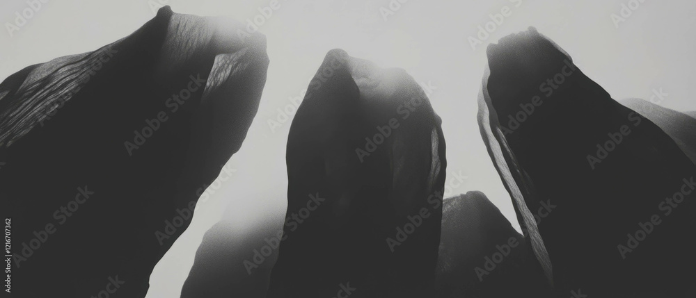 Poster layered black ink patterns create striking contrasts against an opaque white backdrop