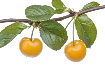 Sun-Kissed Cherries: A Delightful Duo on Lush Green Branch food ripe tree farm fruit fresh sweet    