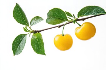 Sweet Summertime: Two Ripe Yellow Cherries on a Branch with Lush Green Leaves, Vibrant and Fresh    