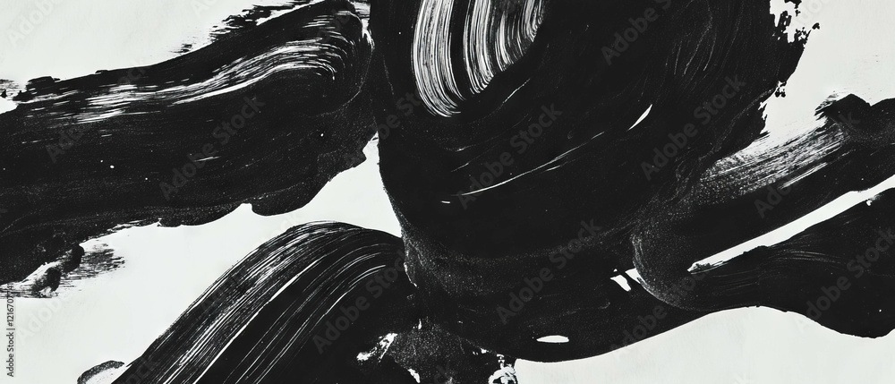 Poster Smooth black ink applications against a glossy white background create a striking visual contrast