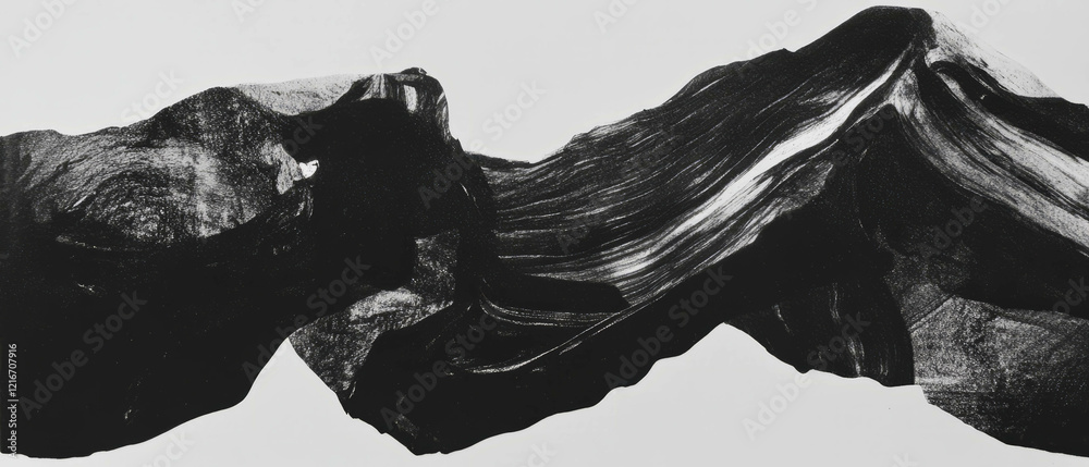 Poster textured black ink applications create striking contrast against matte white background