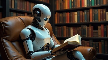 A sophisticated android sits comfortably in a leather armchair, engrossed in reading a book within a well-stocked library, symbolizing the pursuit of knowledge and technological advancement.