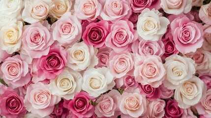 Close-up of many pink and white roses.