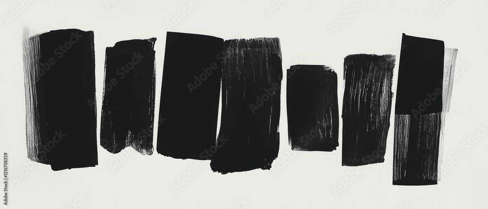 Poster black ink rectangles offer dynamic texture against a white background, creating artistic contrast