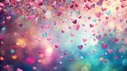 Colorful pink heart confetti falling gently from the sky amidst a whimsical background with subtle texture and soft light effects, texture, joyful