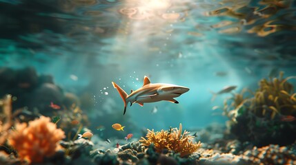 Fototapeta premium Shark swimming coral reef ocean sunlight underwater marine life (1)