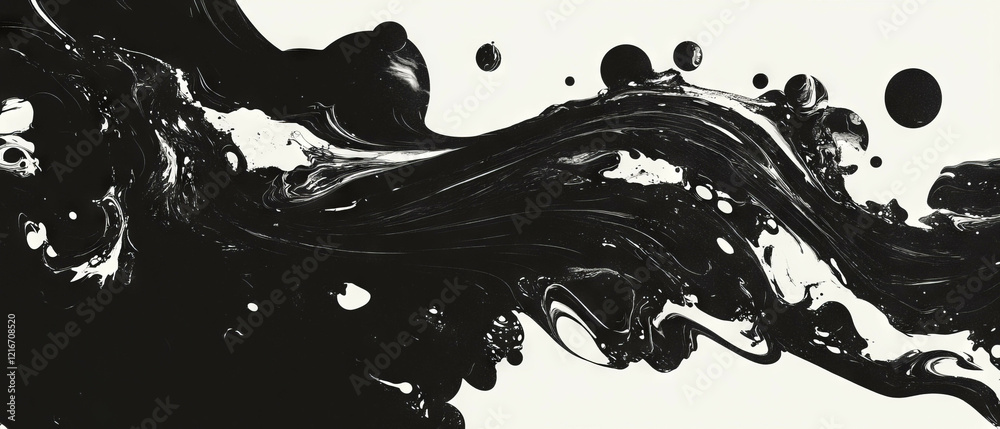 Poster Unique black ink patterns create asymmetrical designs on smooth white background