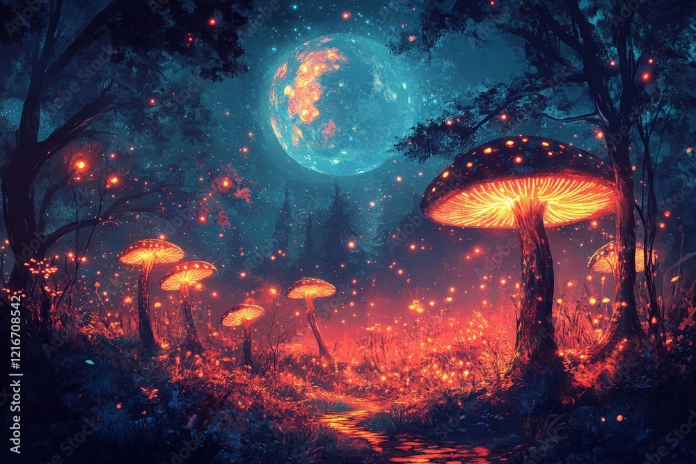 Poster illuminated mushrooms glow under a bright moon in a mystical forest at twilight
