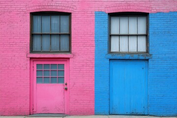 Fototapeta premium Vibrant two-tone wall with pink and blue doors accentuating urban architecture and contemporary design