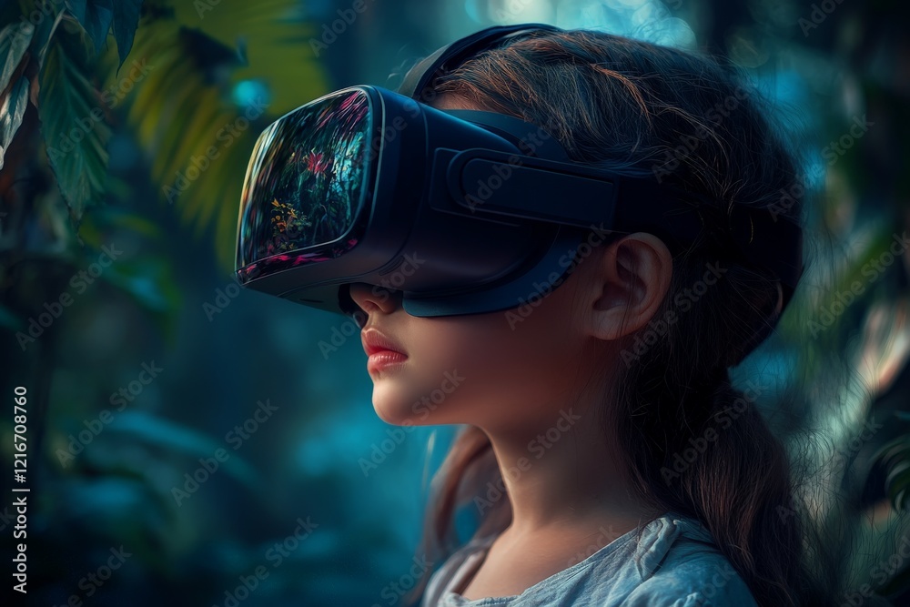 Poster young child experiences virtual reality in a lush forest setting during the afternoon hours