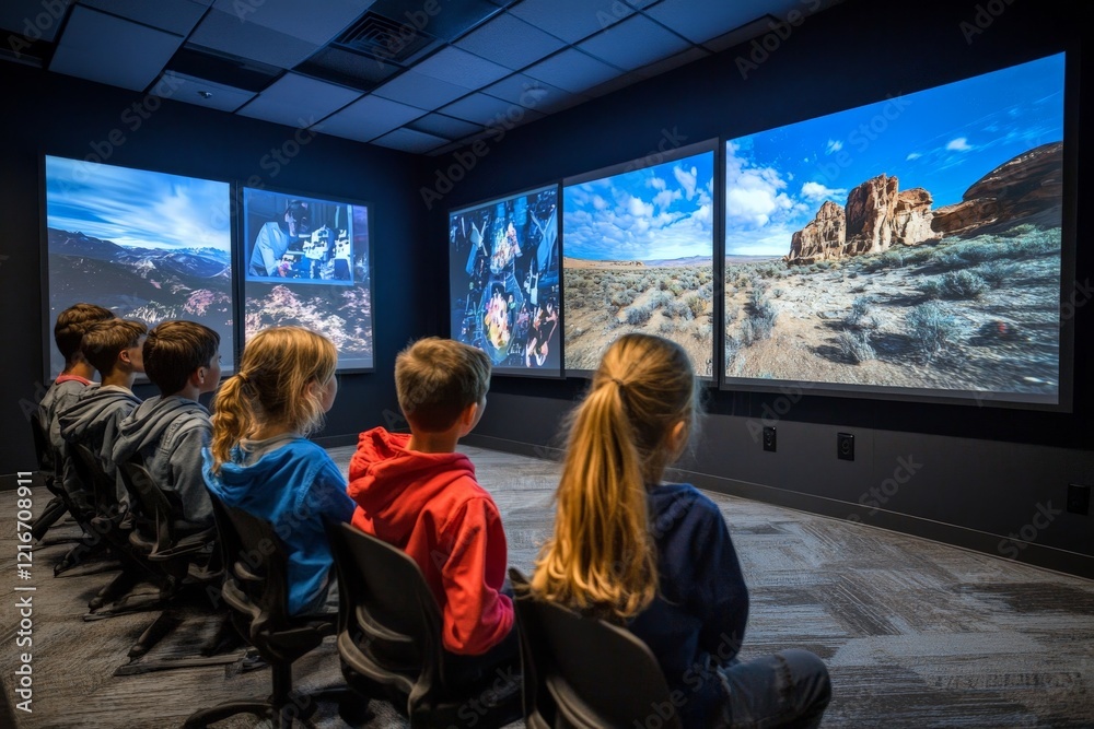 Poster Children engaged in a digital learning experience in an interactive classroom setting with multiple projection screens