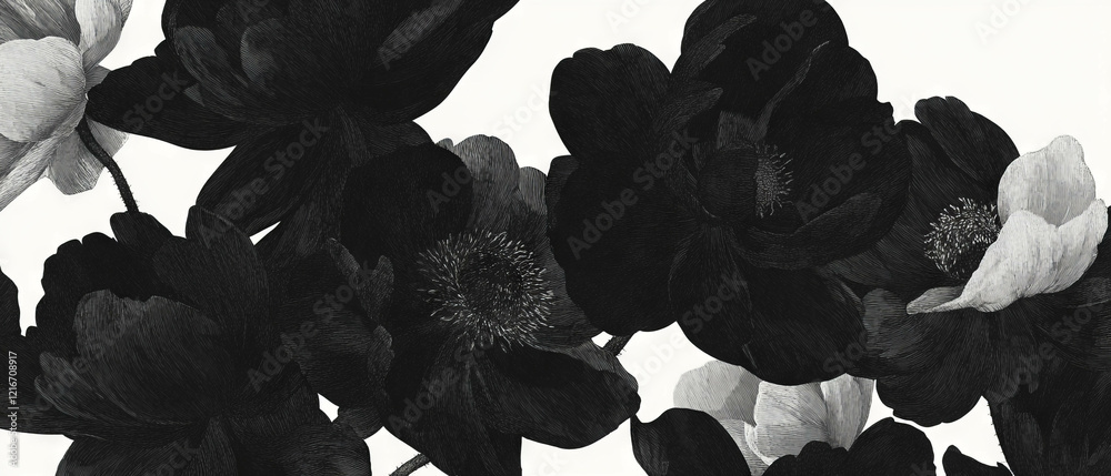 Poster black ink blooms with intricate spreading textures on a clean white background