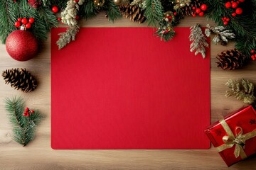 Vibrant Red Background Surrounded by Festive Christmas Decor
