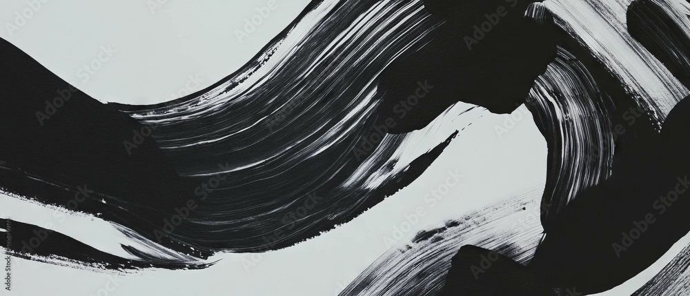 Poster Abstract black ink strokes on smooth white paper create striking visual contrast and texture
