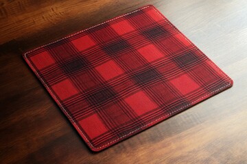 Red and Black Plaid Textile Mat on Wooden Table Surface