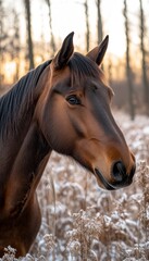 Obraz premium Serene Brown Horse Portrait in Golden Hour Light with Natural Winter Background, Equestrian Beauty