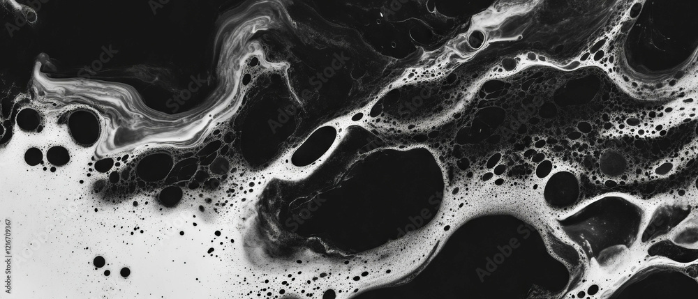 Poster Dynamic black ink splatters on a white background creating unique textures and effects