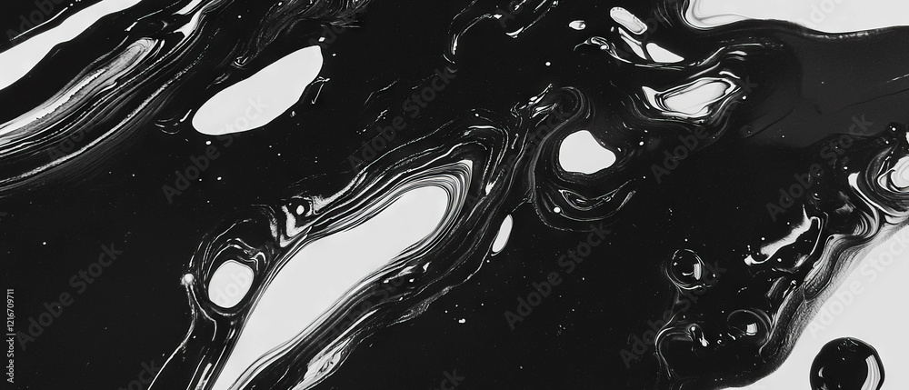 Poster Exploring the dynamic texture of black ink with oil on a stark white background