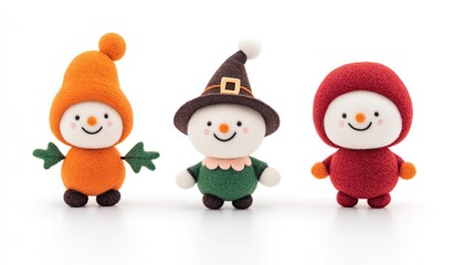 Three adorable plush snowmen in festive attire, showcasing vibrant colors against a clean white background