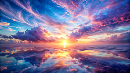 Obraz premium Breathtaking sunset over calm ocean waters, reflecting vibrant colors and clouds