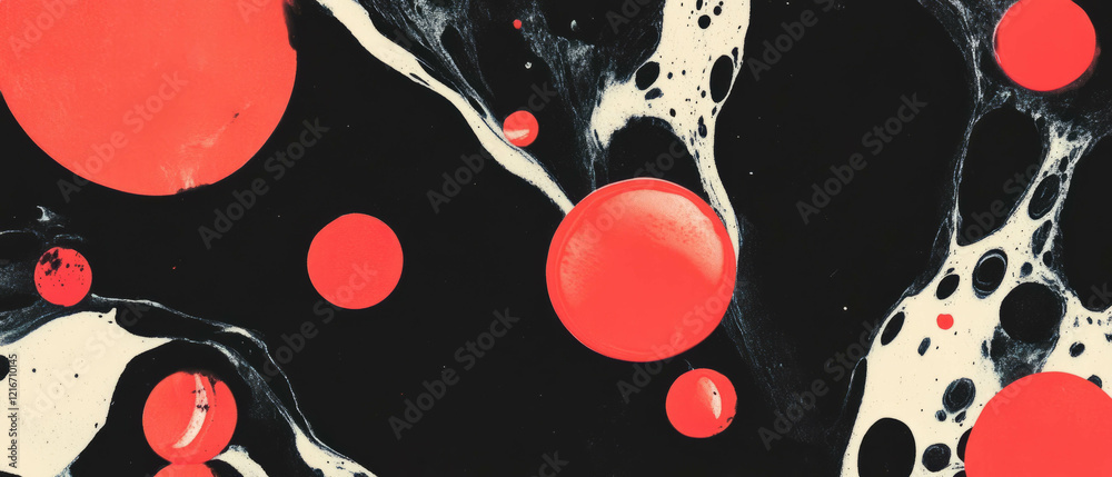 Poster Bold patterns of blotted ink with bright red shapes on a contrasting dark background