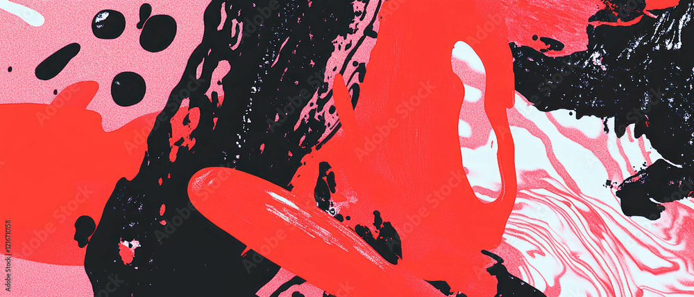 Poster Blotted ink patterns with bright red shapes create vibrant abstract art