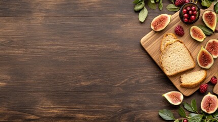 Sliced whole-grain toast displays an array of fresh fruits and spreads, perfect for a nutritious breakfast served on a wooden board