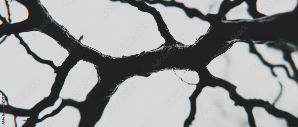 Poster branching black ink lines create a striking network against a clear white background