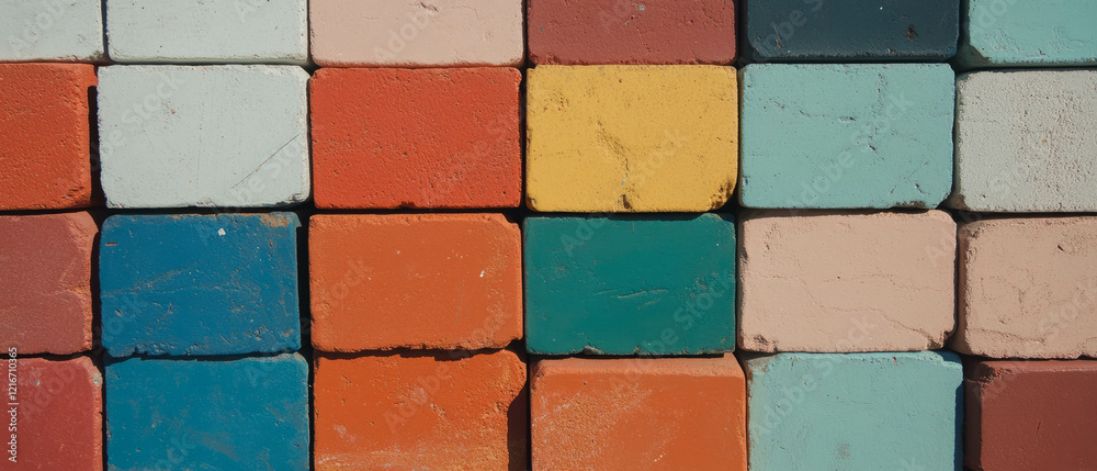 Poster brightly colored brick texture with varied hues and flat shading for diverse design applications