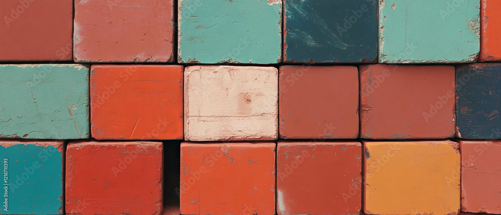 Poster brightly colored brick texture showcasing vibrant hues and flat shading in a structured layout