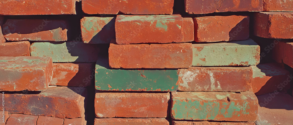 Poster brightly colored bricks displaying varied hues in a textured arrangement