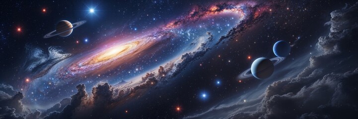 Fototapeta premium Cosmic dance of galaxies and planets in a vibrant universe with stars
