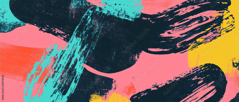 Poster Dynamic brushstroke ink patterns with vibrant colors creating a lively composition