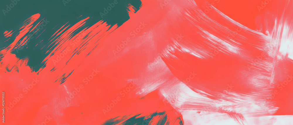 Poster Vibrant brushstroke ink patterns with bright red shapes in textured composition