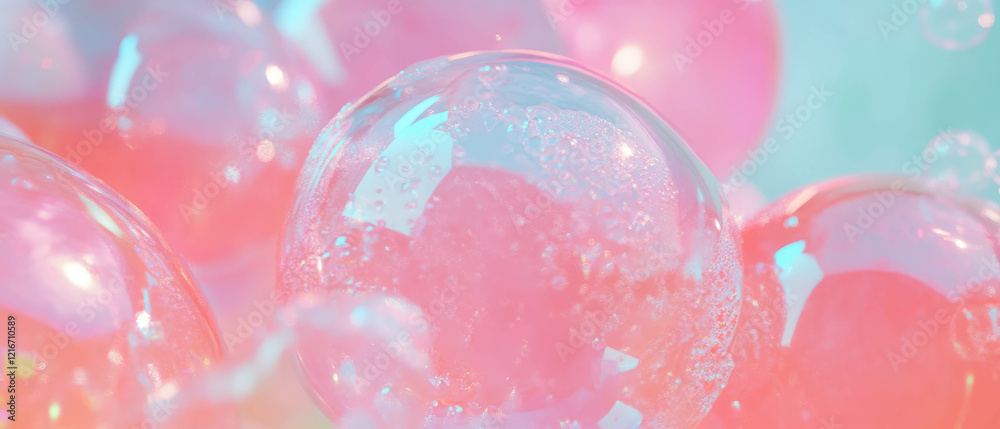 Poster colorful bubblegum bubbles with delicate textures and round shapes floating in air