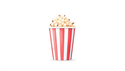 A vibrant striped popcorn bucket overflowing with fluffy popcorn against a clean white background