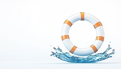 A vibrant lifebuoy splashes into clear water, symbolizing safety and rescue in a serene aquatic environment