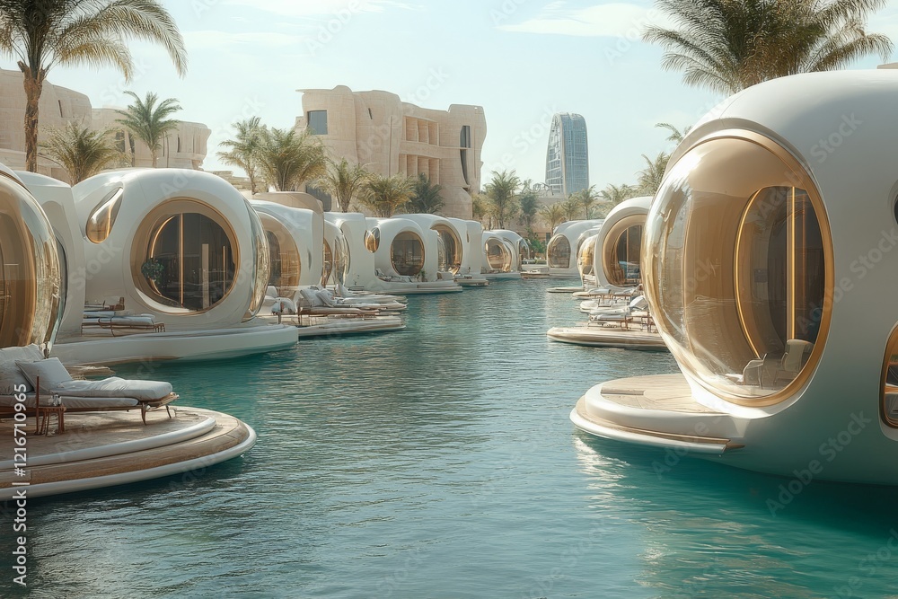 Aufkleber luxury floating villas on calm water surrounded by palm trees and modern architecture in a sunny loc