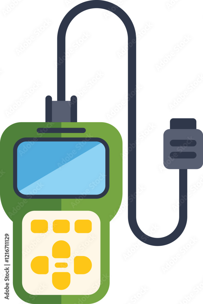 Poster electronic device for car diagnostics showing error codes on display is connected with cable