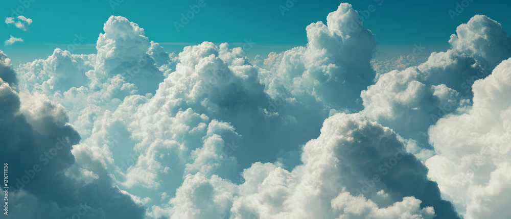 Poster fluffy cartoon clouds in a bright blue sky create a whimsical atmosphere of serenity