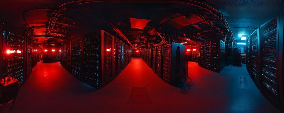 Wide-Angle Panorama Shot of a Working Data Center With Rows of Rack Servers. Red Emergency Led Lights Blinking and Computers are Working. Dark Ambient Light., Generative AI