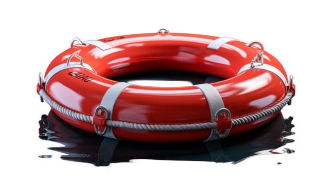 Red lifebuoy ring floating on water, symbolizing emergency rescue and nautical safety, transparent background.