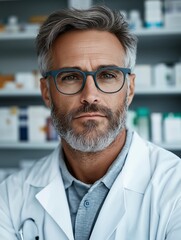 Fototapeta premium Experienced pharmacist providing personalized care in a modern pharmacy setting during the morning hours. Generative AI