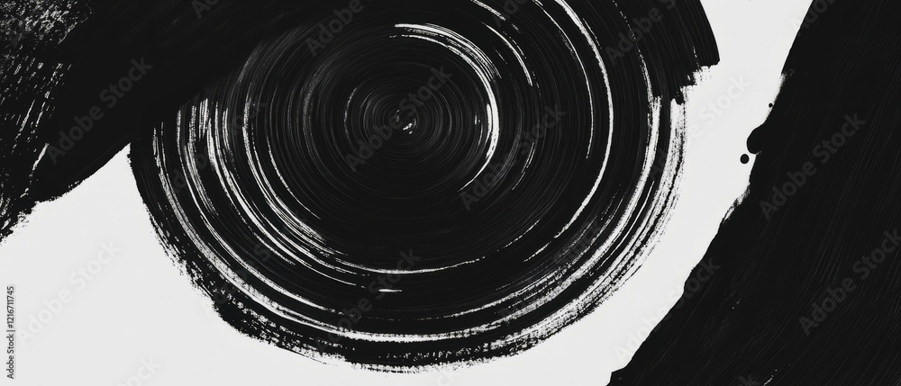 Poster Concentric black ink rings create striking texture on white canvas background