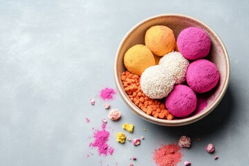Vibrant Holi Festival Confections Colorful Indian Sweets with Textured Petals - Spring Equinox and Nowruz Culinary Design for Event Planners and Marketing Campaigns