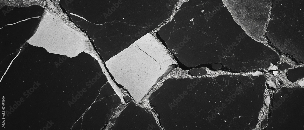 Poster cracked asphalt texture with irregular patterns in black and gray tones