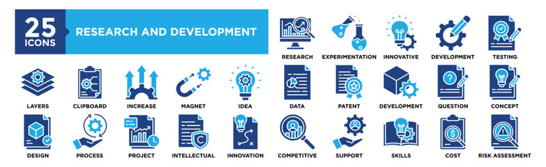 Research and Development icon collection set. Containing design Market Research, Experimentation, Innovative, Development, Testing	