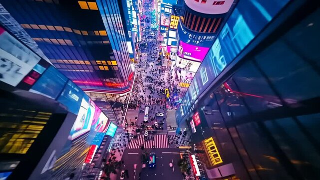 A top view of a neon futuristic skyscraper